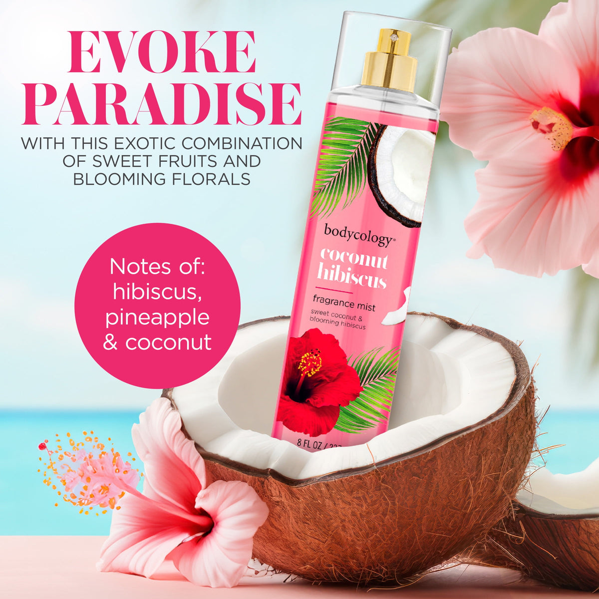 Coconut Hibiscus Fragrance Body Mist – Tropical Sweet Coconut Scented Body Spray, 8 fl oz