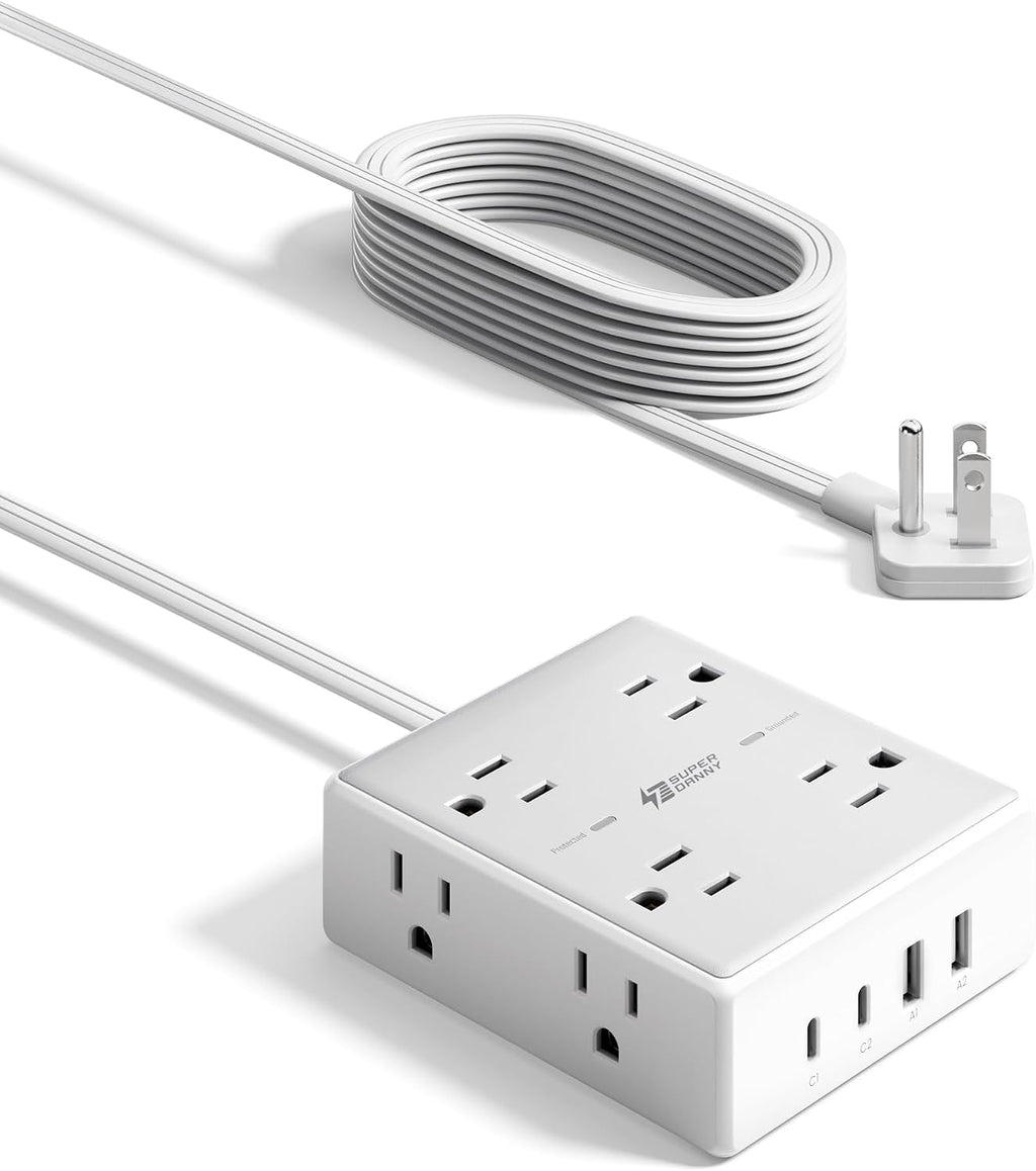 SUPERDANNY Extension Cord,Flat Plug Surge Protector Power Strip,10Ft