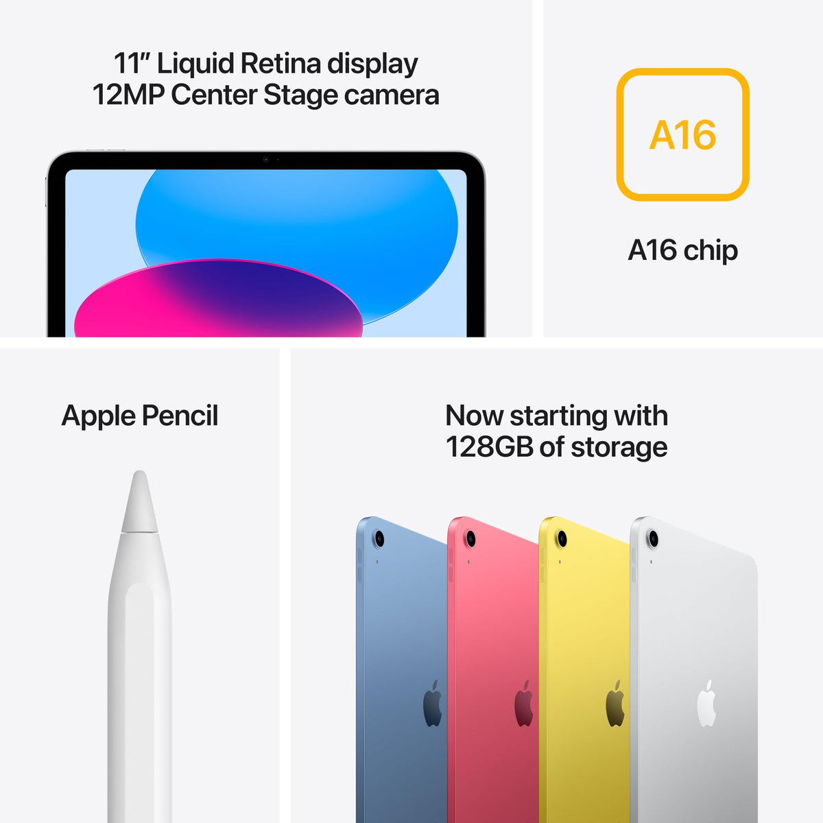 Apple iPad 11-inch: A16 chip, 11-inch Model, Liquid Retina Display, 128GB, Wi-Fi 6, 12MP Front/12MP Back Camera, Touch ID, All-Day Battery Life — Silver
