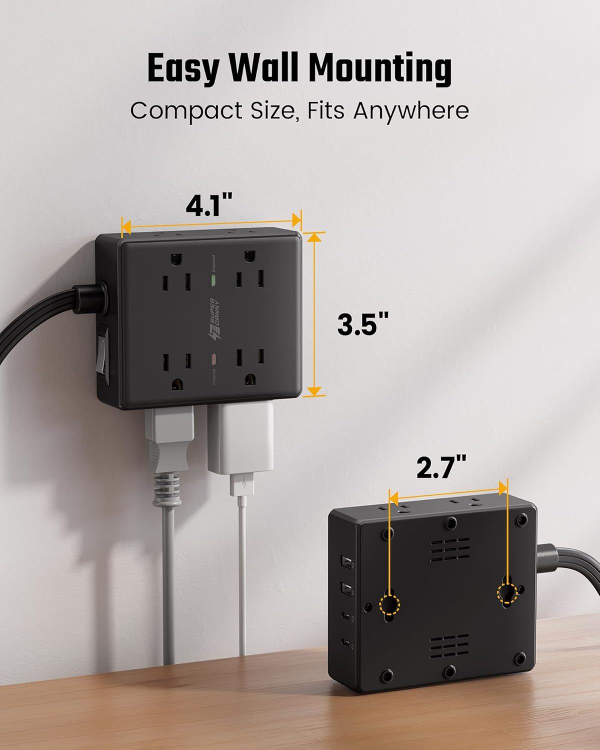 SUPERDANNY Extension Cord,Flat Plug Surge Protector Power Strip,10Ft