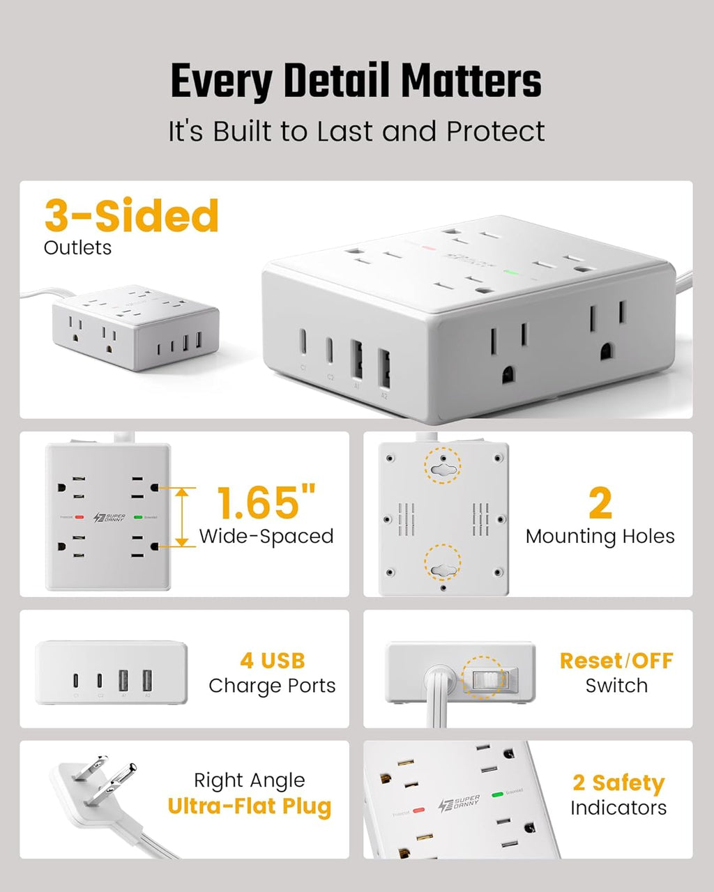 SUPERDANNY Extension Cord,Flat Plug Surge Protector Power Strip,10Ft