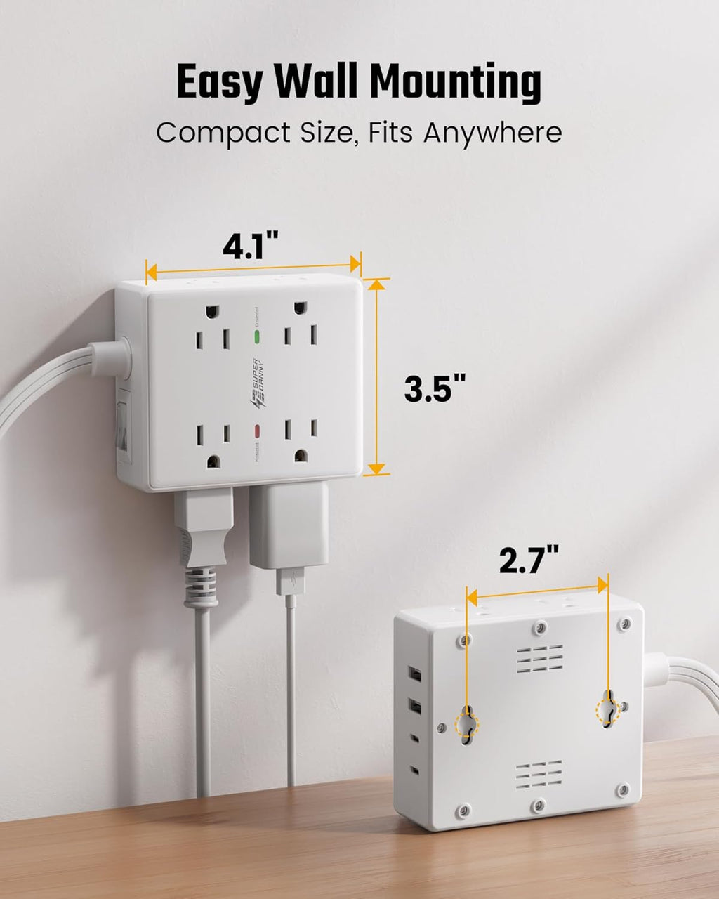 SUPERDANNY Extension Cord,Flat Plug Surge Protector Power Strip,10Ft