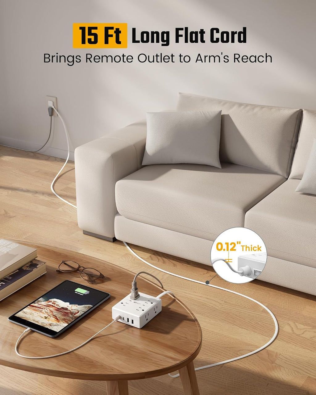 SUPERDANNY Extension Cord,Flat Plug Surge Protector Power Strip,10Ft