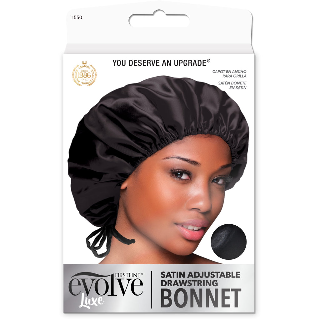 Satin Adjustable Bonnet – Black, Drawstring Sleep Cap