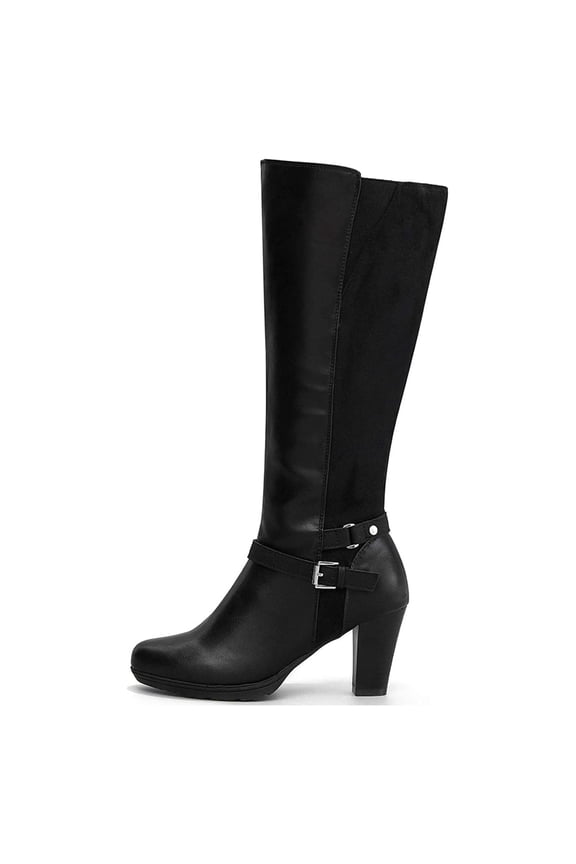 Black Chunky-Heel Knee-High Boots – Wide Calf Side Zipper