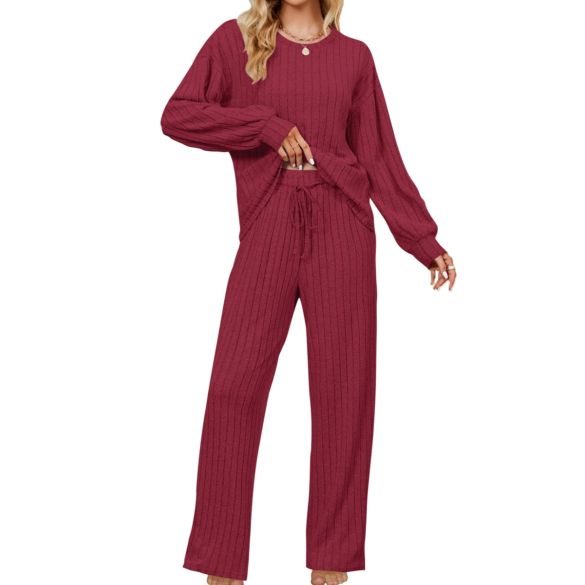 Ribbed Knit Lounge Set – Long Sleeve Top & Pants
