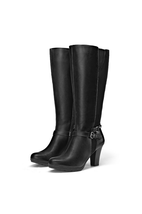 Black Chunky-Heel Knee-High Boots – Wide Calf Side Zipper