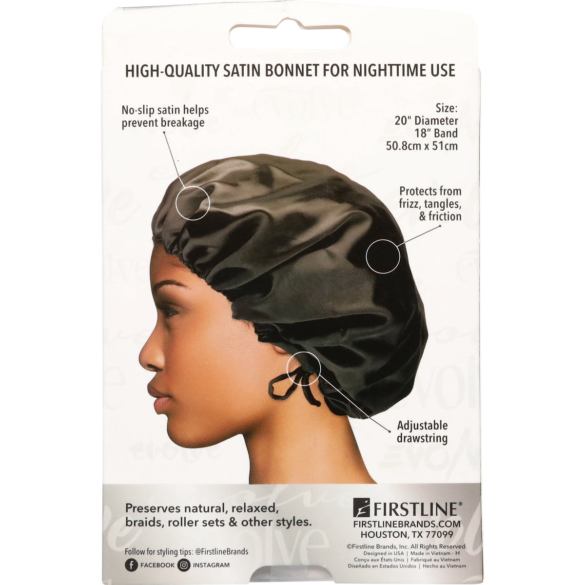 Satin Adjustable Bonnet – Black, Drawstring Sleep Cap